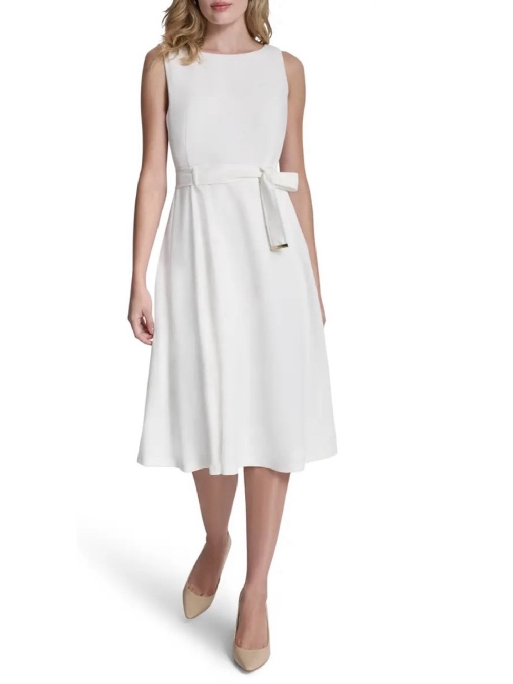 Andrew Marc Sleeveless White Midi Dress with Waist Tie